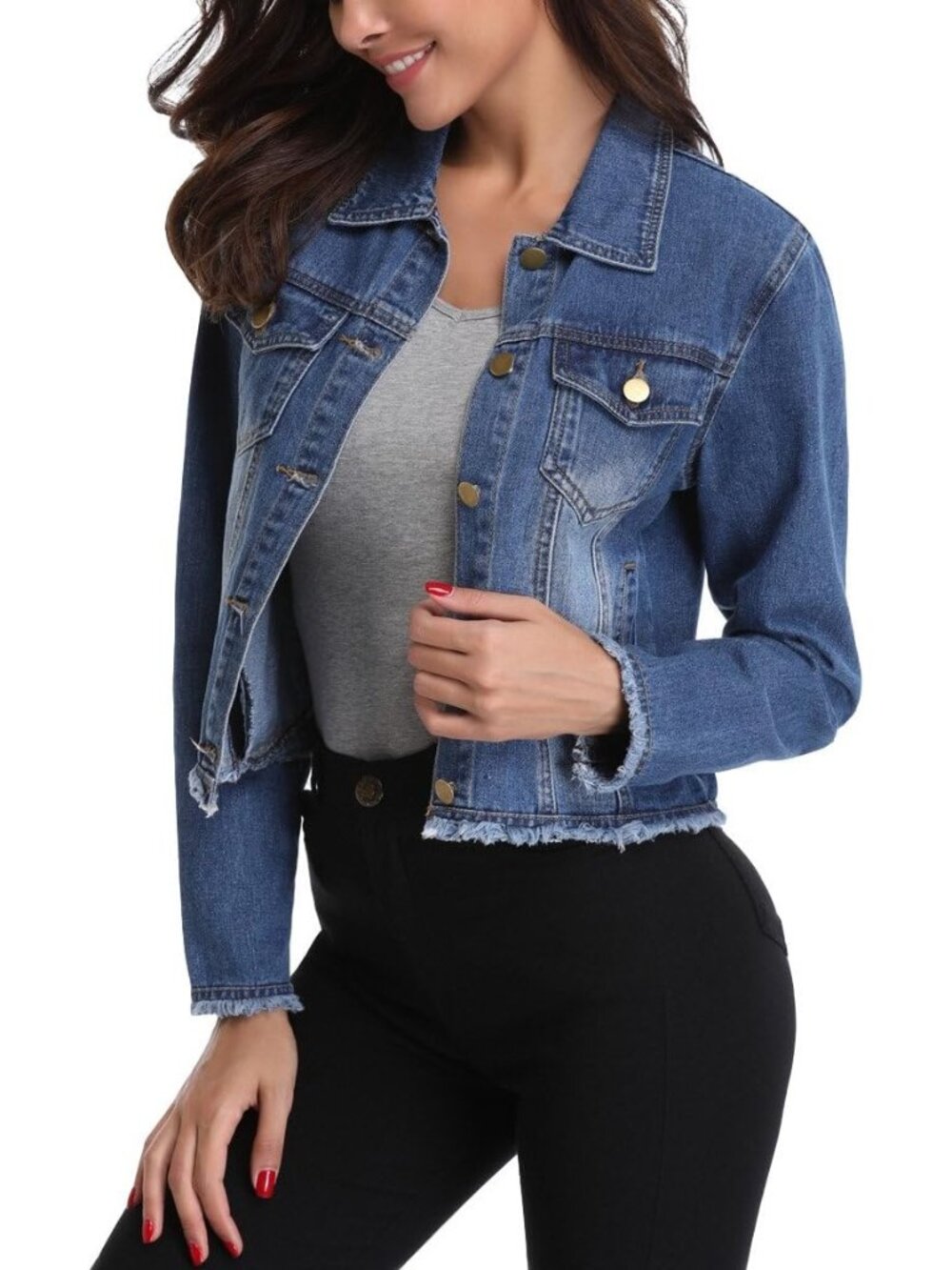 Women’s Dark Blue Frayed Washed Button Up Cropped Denim Jacket w 2 Side Pockets